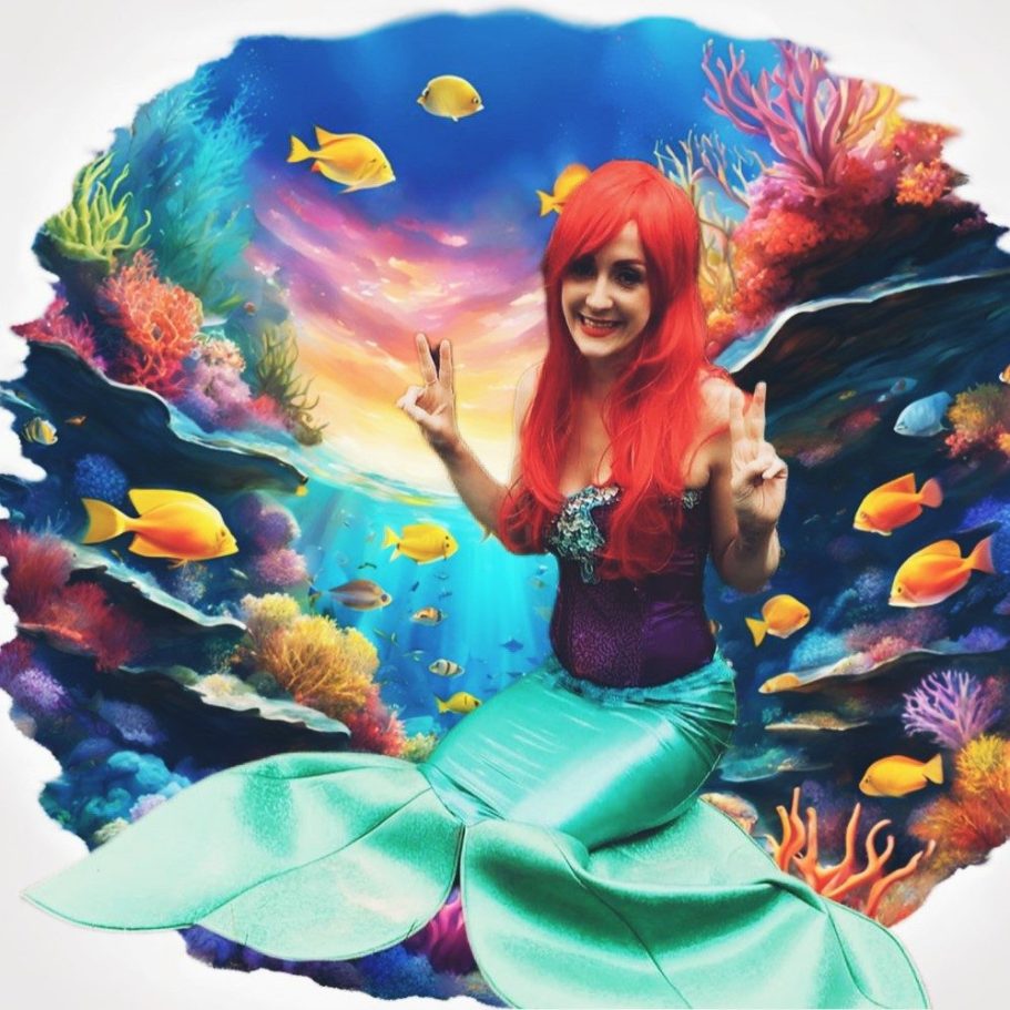 Frau mit rotem Haar in Meerjungfrauenkostüm, umgeben von bunten Fischen und Korallen.