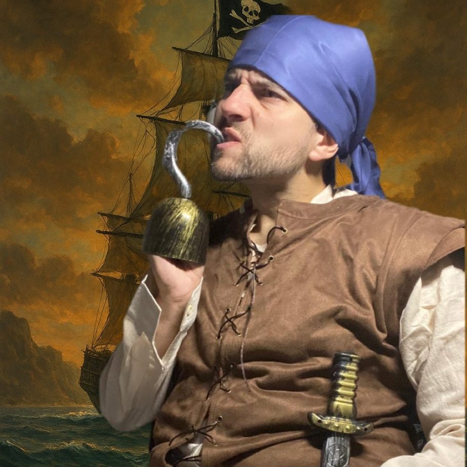 Ein Pirat mit einer Augenklappe raucht aus einer Holzpfeife vor einem Schiff.