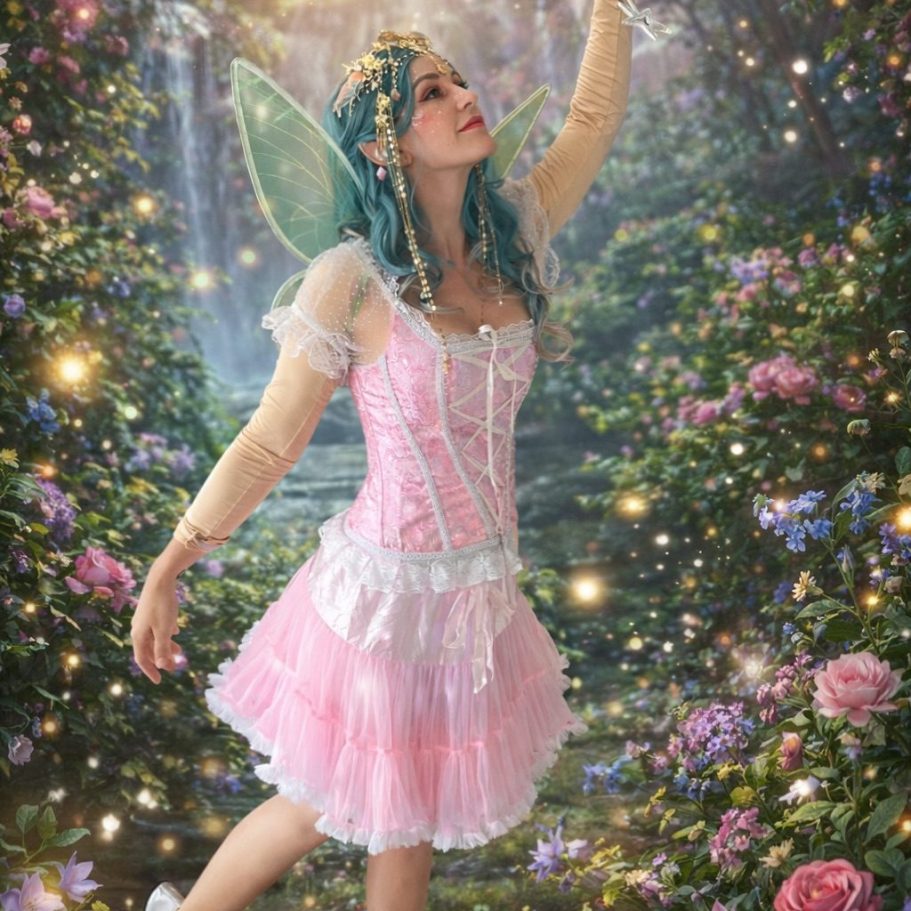 Frau im rosa Kleid mit Flügeln, umgeben von Blumen und schimmerndem Licht.